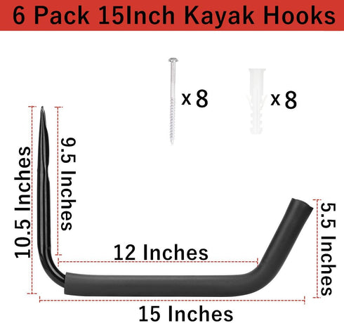 Garage Storage Heavy Duty Hooks, 15 Inch Jumbo Arm Kayak Rack, 6 Pack Wall Mount Canoe Hangers