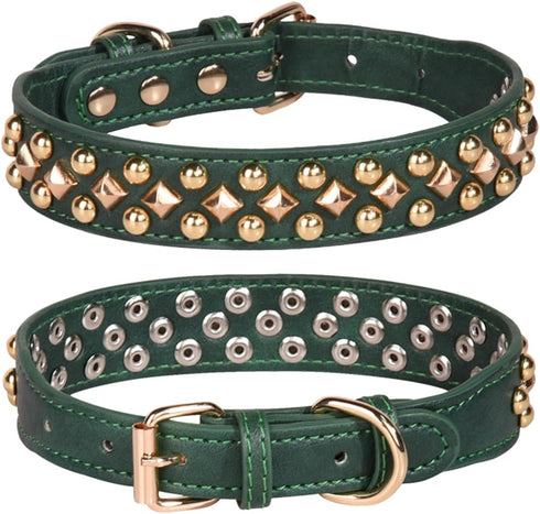 Spiked Dog Collar, Adjustable Mushrooms Rivet Studded Pu Leather Pet Collars for Cats and Dogs, L, Green3