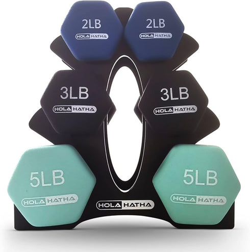 HolaHatha Neoprene Dumbbell Free Hand Weight Set with Rack, 2, 3, 5, 8, and 10 Pound for Home Exercises