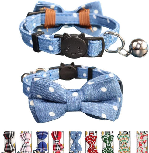 THAIN Breakaway Cat Collar with Bell and Bow Tie, Adjustable Denim Dots Safety Buckle with Name Tag for Kittens