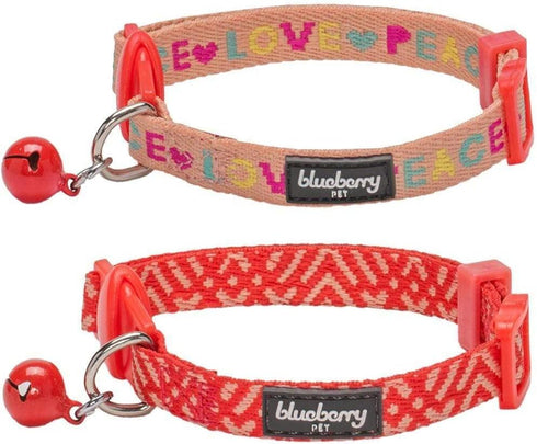 Blueberry Pet Pack of 2 Cat Collars, Love Peace Theme and Salmon Pink Geometry Adjustable Breakaway Cat Collar with Bell, Neck 9"-13"