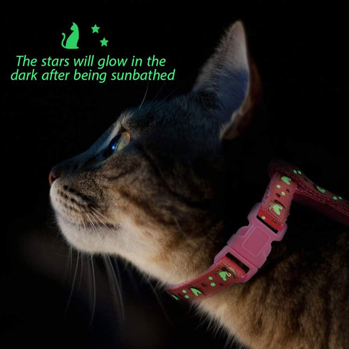 Cat Harness and Leash Set, Soft Nylon Escape Proof Adjustable for Kittens, Glow in The Dark, Moons Stars (Pink)