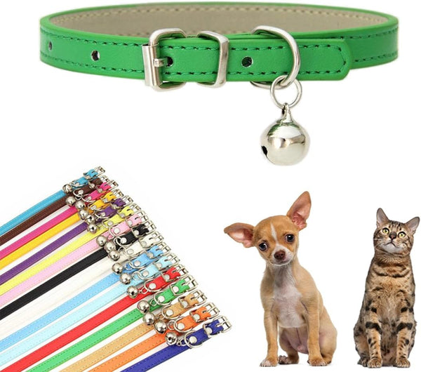 XXS Dog Collar with Bell, Synthetic Leather Basic Cat Collar with Bells for XXS, XS, Small, Medium Pets (Green XXSmall)