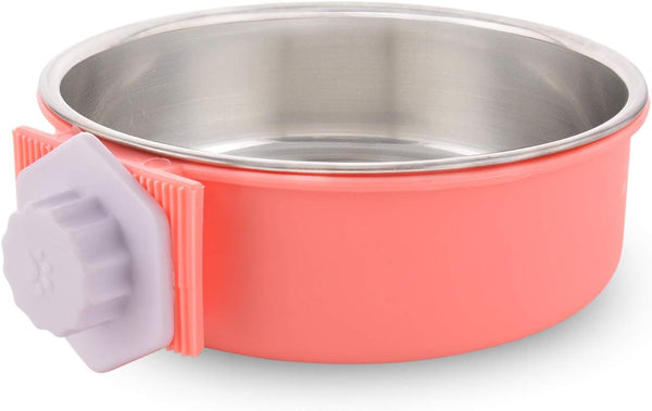 Large Crate Dog Bowl, Removable Stainless Steel Hanging Pet Bowl for Dogs, Cats, Puppies (Pink Orange)