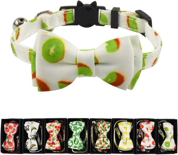 Cat Collar Bow Tie with Bell, Breakaway Kitten Collar, Cool Fruits Design, Adjustable 7.5-11in (Kiwi)