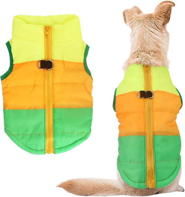 Idepet Pet Dog Cat Coat with Leash Anchor, Color Patchwork Padded Puppy Vest Jacket, Medium (Pack of 1), Green