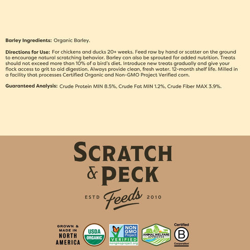 10 lbs 8.5% Scratch and Peck Whole Barley Chicken, Duck and Livestock Supplemental Grain - Bag - Protein, Certified