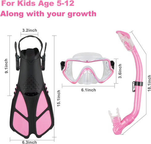 Kids Snorkeling Set, Adjustable Swimming Flippers, Panoramic Snorkel Mask, Dry Tube, Travel Bags for Ages 5-14