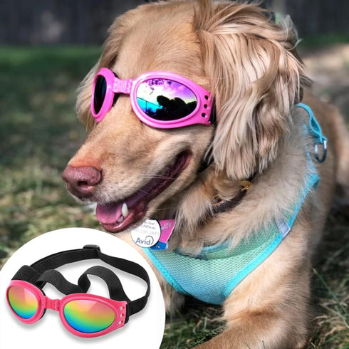 QUMY Dog Sunglasses - Goggles for Medium Large Breed Dogs, Pink, with Adjustable Strap for Protection
