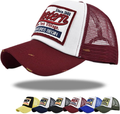 Vintage Embroidery Half Mesh Baseball Cap - Adjustable Unisex Washed Denim Trucker Sun Hat