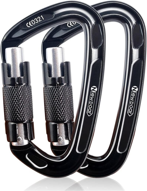 NewDoar 24KN Auto Locking Climbing Clips D-Shaped Heavy Duty for Camping, Hiking, Swing, Hammock, Black (2Pcs/24kn)