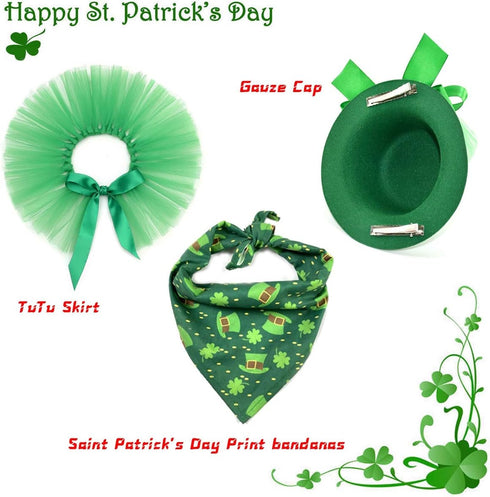 Vehomy Pet Dog Saint Patrick's Day Costume, Green Dog Top Hat, Shamrock Bandana, and Tutu Skirt for Girls