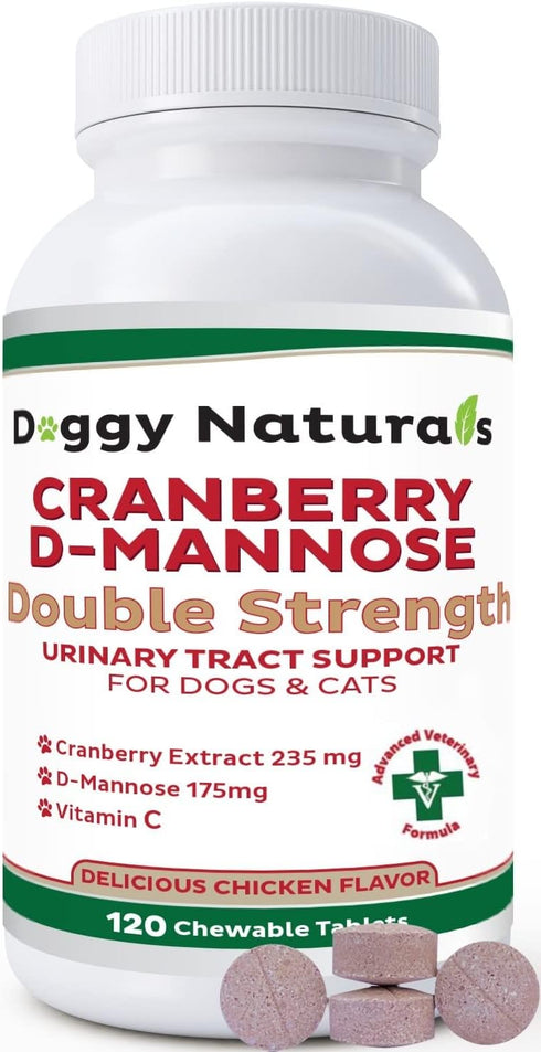 Cranberry D-Mannose for Dogs and Cats, Urinary Tract Infection Support, Double Strength Tablet, 120 Count