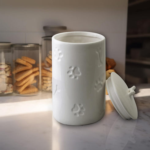 Dog Treat Container Airtight - 9"x5" Large Ceramic Dog Treat Jar for Kitchen Counter, White Dog Cookie Jar