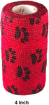 Vet Wrap Tape (Red with Paws) (2 Pack) (4 Inch x 15 feet) Self Adhesive Cohesive Flex Bandage for Pets