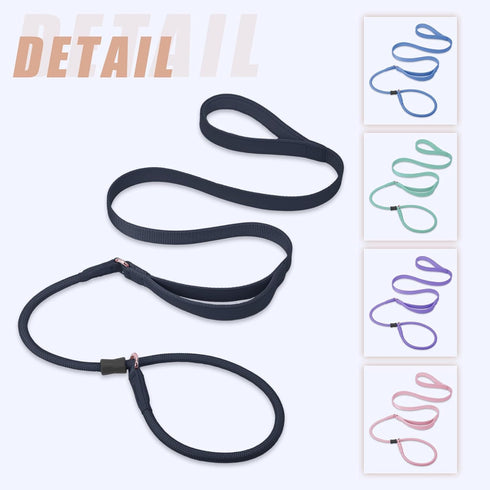 Slip Lead Dog Leash - 6ft Black Training Leash with Double Handle, Soft Leather Nylon Slip Leash and Collar for Small,