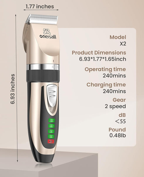 oneisall Dog Clippers Low Noise, 2-Speed Quiet Rechargeable Cordless Pet Hair Clipper for Small and Large Dogs Cats