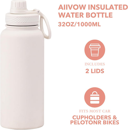 White 32 OZ Insulated Water Bottle, Large Metal Stainless Steel Flask with 2 Lids for Sports Travel