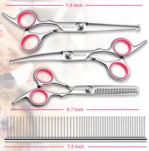 6 in 1 Professional Stainless Steel 4CR Safety Round Tip Dog Grooming Scissors, Anti-Rust Shears Cat Grooming Scissors Pet Kit, Thinning Straight Comb for Long Short Hair-Pink by BamLue