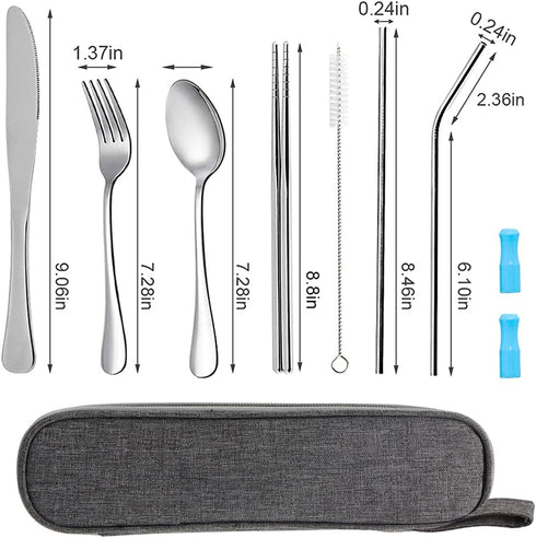 Travel Utensils Set with Case, 8pcs Reusable Stainless Steel Cutlery Including Knife, Fork, Spoon, Chopsticks (Silver)
