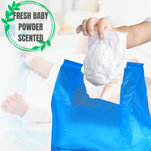 Baby Diaper Bag Disposable (500 Count, Blue), Fresh Baby Powder Scented Easy Tie Handles Bulk Diaper Sacks