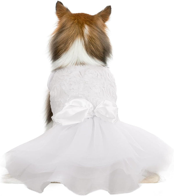 QBLEEV Dog Dress Tutu Skirt for Large Dogs, Sweet White Princess Dresses with Bowknot and Rose Decor, L