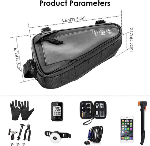 WOTOW Bike Frame Storage Bag, Water Resistant Reflective Triangle Bag with Two Side Pockets for Mountain Road Bike