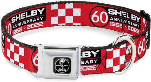 Dog Collar, Seatbelt Buckle Shelby 60th Anniversary Checker Red Black White, 16 to 23 Inches, 1.5 Inch Wide