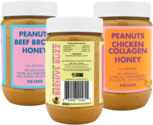 BUDDY BUDDER Bark Bistro Company, Beef Broth + Chicken Collagen + Beehive Buzz, 100% Natural Dog Peanut Butter, Made in