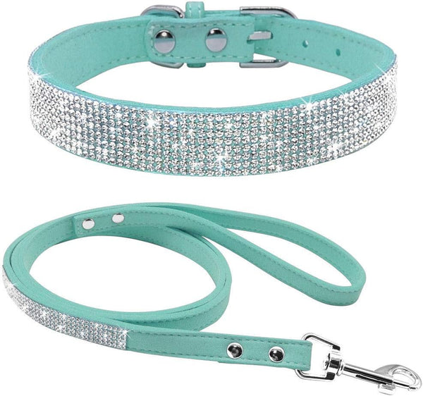 Cute Fancy Soft Suede Leather Bling Rhinestone Crystal Jeweled Pet Cat Dog Puppy Collar and Leash Combo Set (Blue, M)