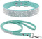 Cute Dazzling Sparkling Elegant Fancy Soft Suede Leather Bling Rhinestone Crystal Jeweled Pet Collar & Leash Set