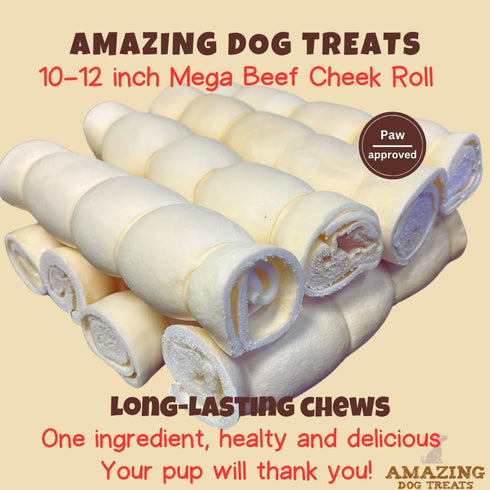 Amazing Dog Treats - Beef Cheek Rolls (Mega Thick 10" - 6 Pcs) - Safe Rawhide Alternative Chew for Power Chewers