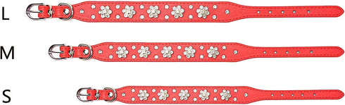 Rhinestone Dog Collar, Adjustable Cute Flower Bling PU Leather Collar for Small Medium Large Dogs (M, Red)