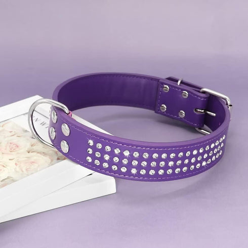 Rhinestones Dog Collar - 1.5" Width Leather with Sparkly Crystal Diamonds - 17"-20", Purple