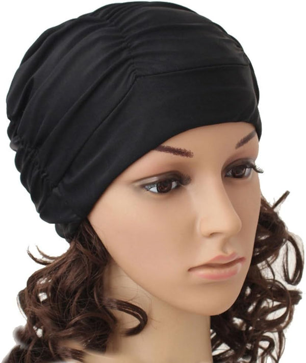 Women Pleated Cloth Fabric Swimming Hat, Swim Cap Bathing Cap (Black)