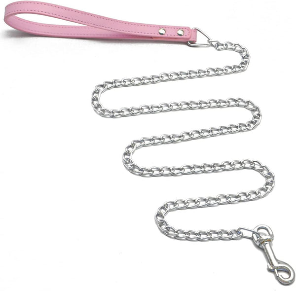 Dog Leash, Metal Pet Leash with Comfortable PU Leather Handle for Small and Medium Dogs, 4 FT (Pink)