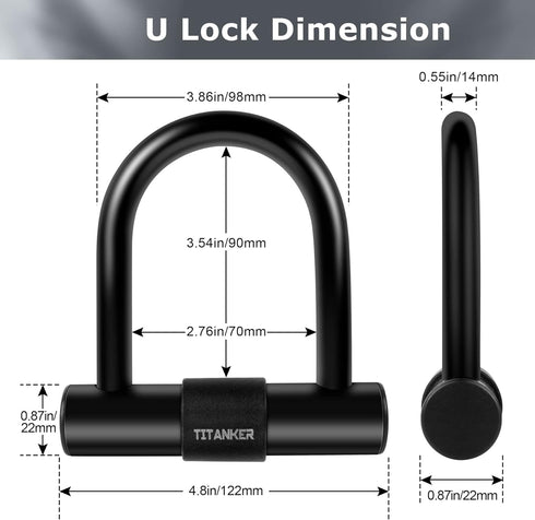 Titanker Heavy Duty Motorcycle Chain Lock with 2 Keys, 14mm Thick U Lock for Bicycles