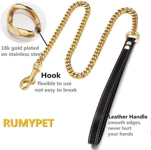 18K Gold Dog Chain Leash, 11MM Solid Chew Proof Stainless Steel Cuban Link with Smooth Leather Handle, 3FT/4FT/5FT