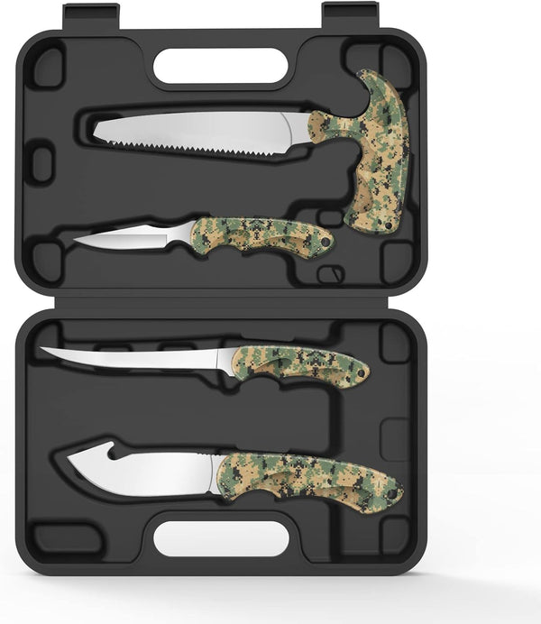 Jellas Hunting Knife Kit, 6 Pieces Stainless Steel Set with Gut Hook, Skinning, Boning, Saw, Gloves & Case