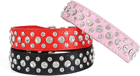 Dogs Kingdom Personalized Rhinestone Leather Bling Crystal Pet Collars for Small Medium Breeds, 12"-20" Length, Red