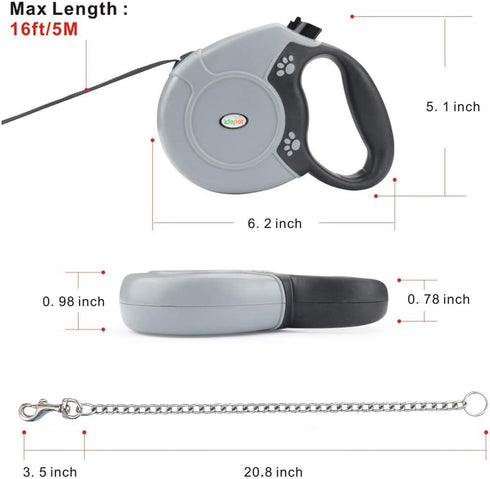 Idepet Heavy Duty Retractable Dog Leash, 16ft, Anti-Chewing Steel Chain, 360 Degree Tangle-Free, Grey, Flat Rope