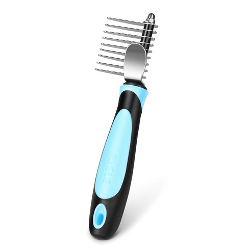 Flexzion Dogs Dematting Comb, Stainless Steel Blades Rakes for Matted Knotted Hair, Grooming Tool - Black & Blue