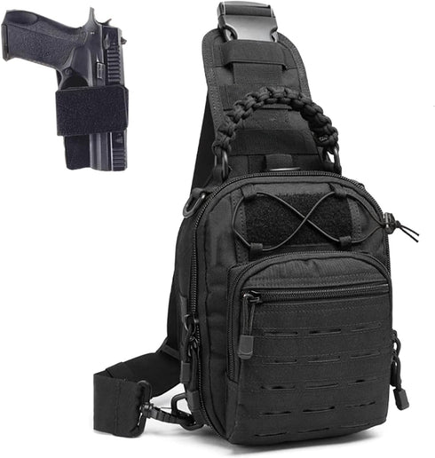 Tactical Sling Bag, Compact Concealed Carry Cut Molle Pistol Holster EDC Backpack (Black)