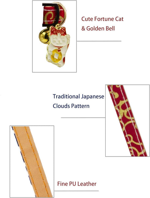 Breakaway Cat Collar with Bells & Fortune Cat Charm - Adjustable Chirimen Japanese Collar for Cats and Small Dogs