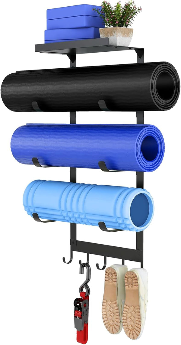 LSK Yoga Mat Holder Wall Mount, Black Storage Rack for Home Gym with 5 Hooks for Fitness Accessories