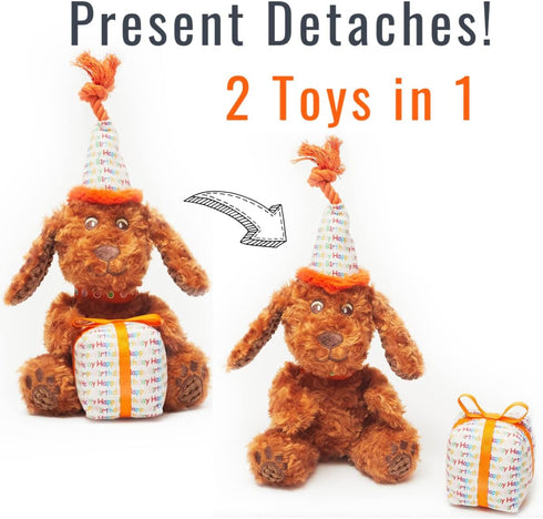 Pet London Happy Birthday Dog Toy - 2 Toys in 1, Plush Dog and Detachable Present, Squeaky Gift for Dog