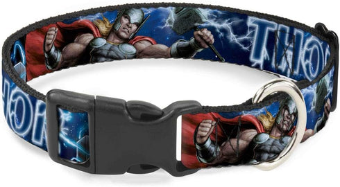Dog Collar with Plastic Clip - Avengers Thor Hammer Action Pose, Galaxy Blues White, Fits 13 to 18 Inches, 1.5 Inch Wide