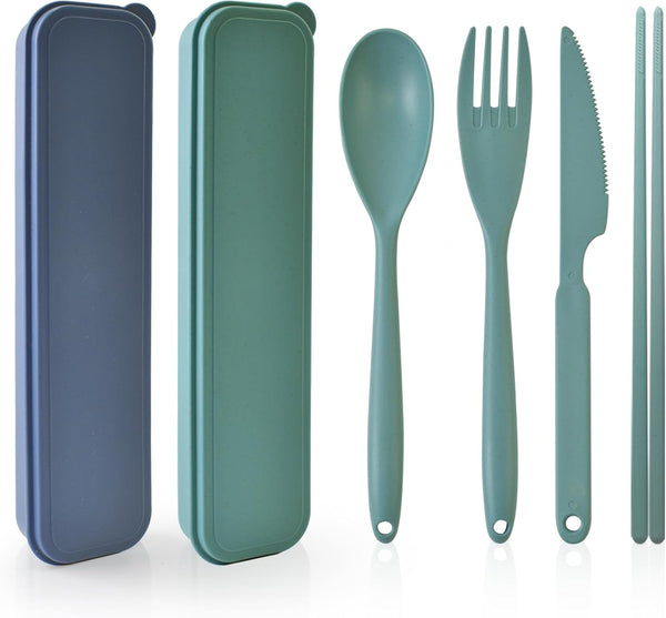 Large Reusable Plastic Utensils Set with Case, Travel Fork Spoon Knife Chopsticks for Lunch Box, Portable Cutlery for