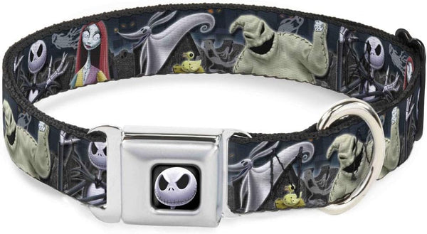 Dog Collar Seatbelt Buckle Nightmare Before Christmas 4 Character Group Cemetery Scene, 16 to 23 Inches, 1.5 Inch Wide