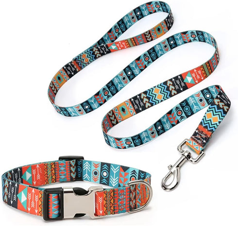 Dog Collar and Leash Set, Quick Release Buckle Soft Durable Print Collars for Small Medium Large Male Dogs and Cats,